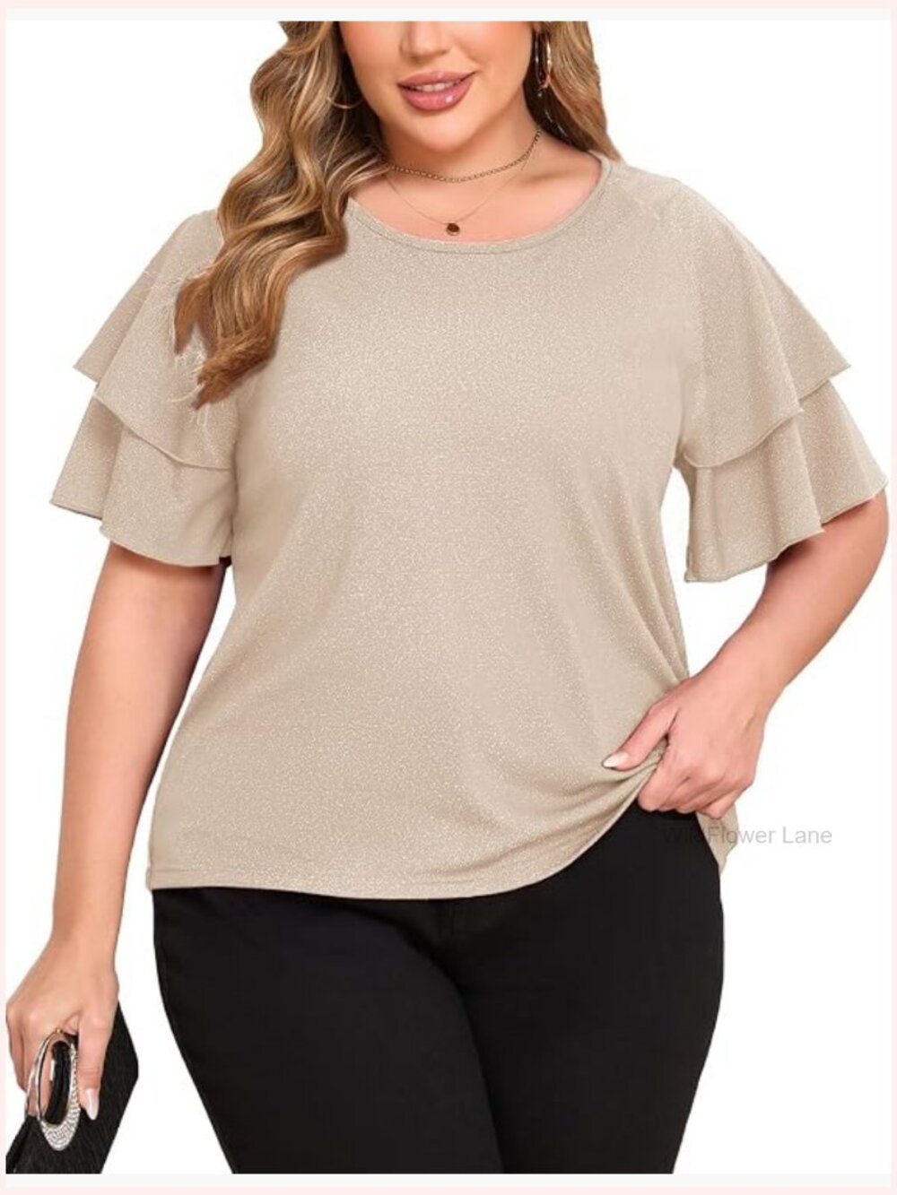 Women's Plus Size Sparkly Blouse Short Ruffle Sleeves Dressy Party Top